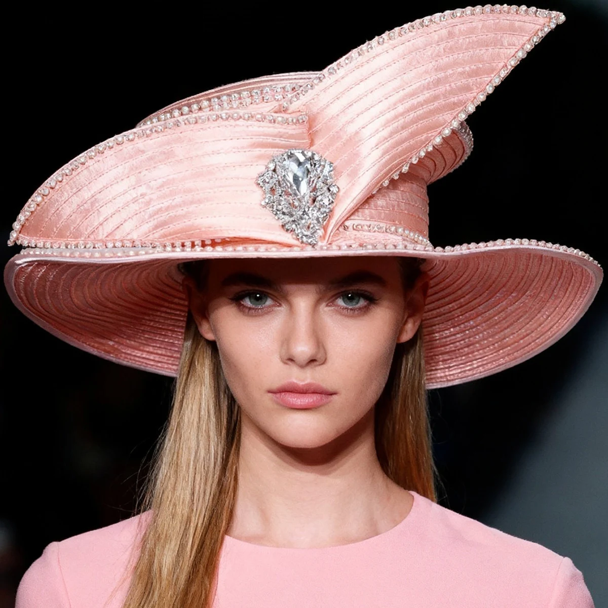 

Women's Wedding Church Hat,Wide Brim,Pink Bowler Cap,Rhinestone,Formal Bridal Party,Flat Top,Sun Visor for Occasions and Events