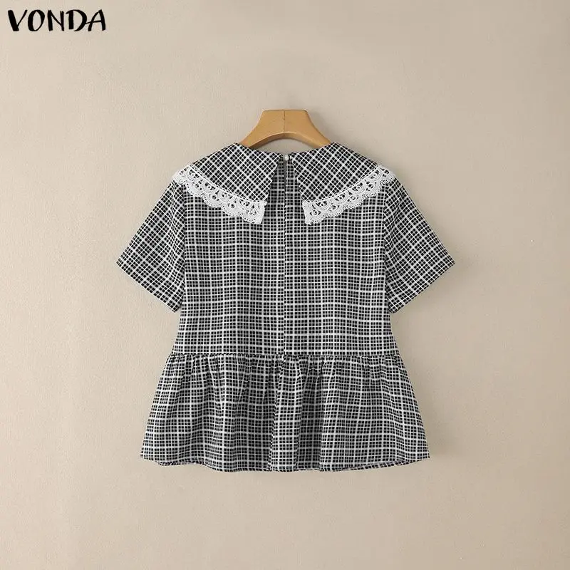 Vonda Elegante Korte Mouw Blouse Vrouwen Zomer Plaid Tops 2026 Mode Peter Pan Kraag Kant Blusas Vrouwelijke Casual Losse Shirts
