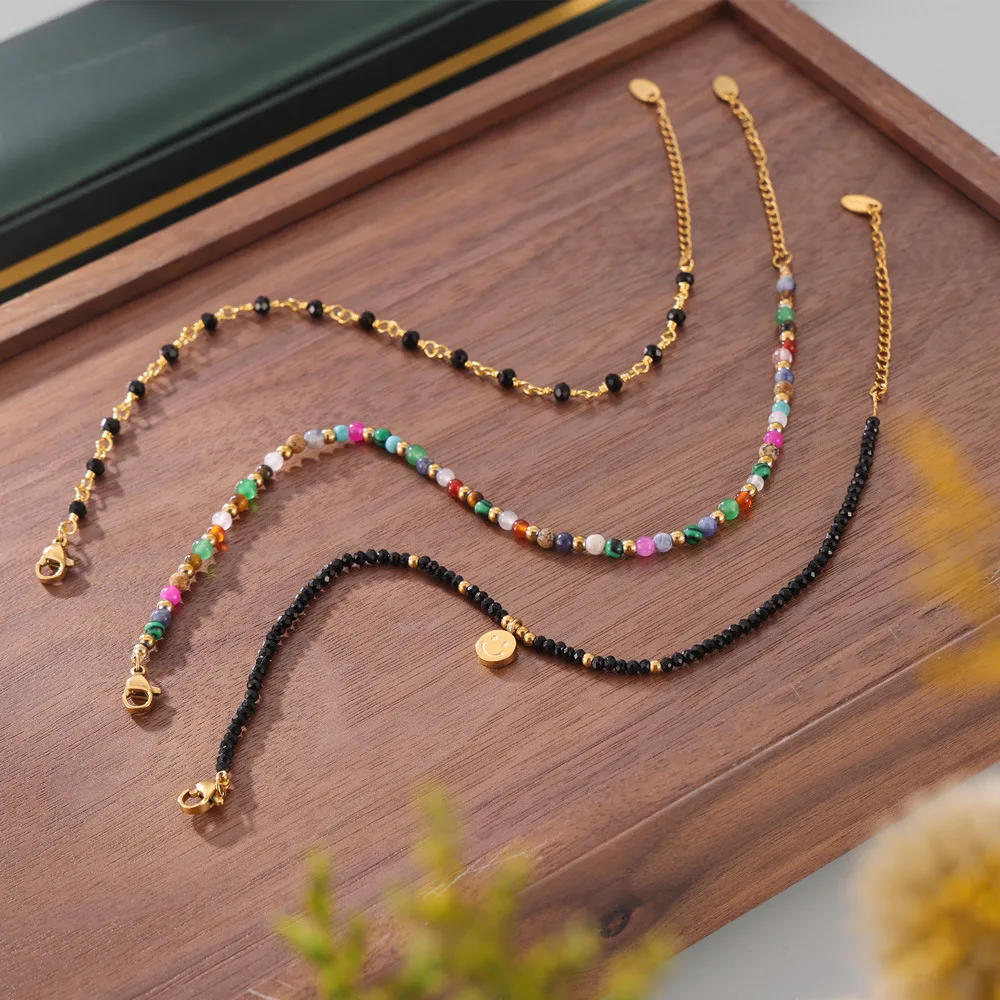 Bohemia Natural Stone Strand Bead Anklet For Women Black Crystal Stainless Steel Foot Chain Women Handmade Summer Beach Jewelry