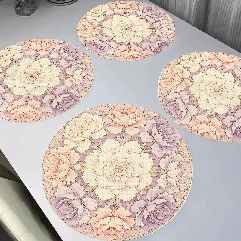 VIKAMA Morandi Pink Purple Mandala Rose Lily Round Flax Meal Mat Insulation Wear resistant Table Decoration