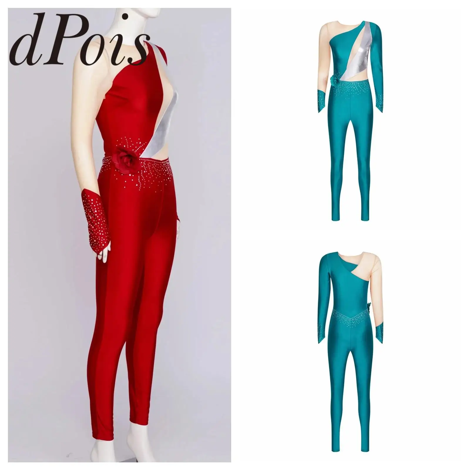 Women's Figure Skating Jumpsuit Metallic Shiny Long Sleeve Slim Rompers Ballet Bodysuit Acrobatics Rhythmic Gymnastics Costume