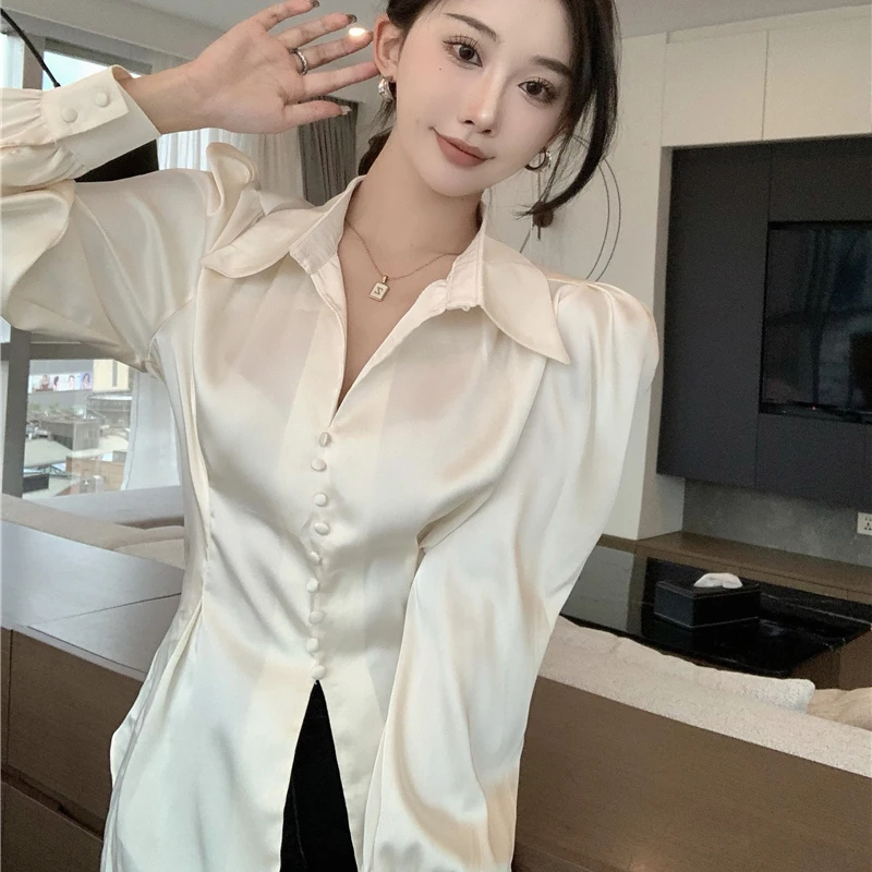 French Elegant Satin Shirts Women Spring Autumn New Slit Single Breasted Bubble Sleeve Bandage Blouses or Tops for Woman