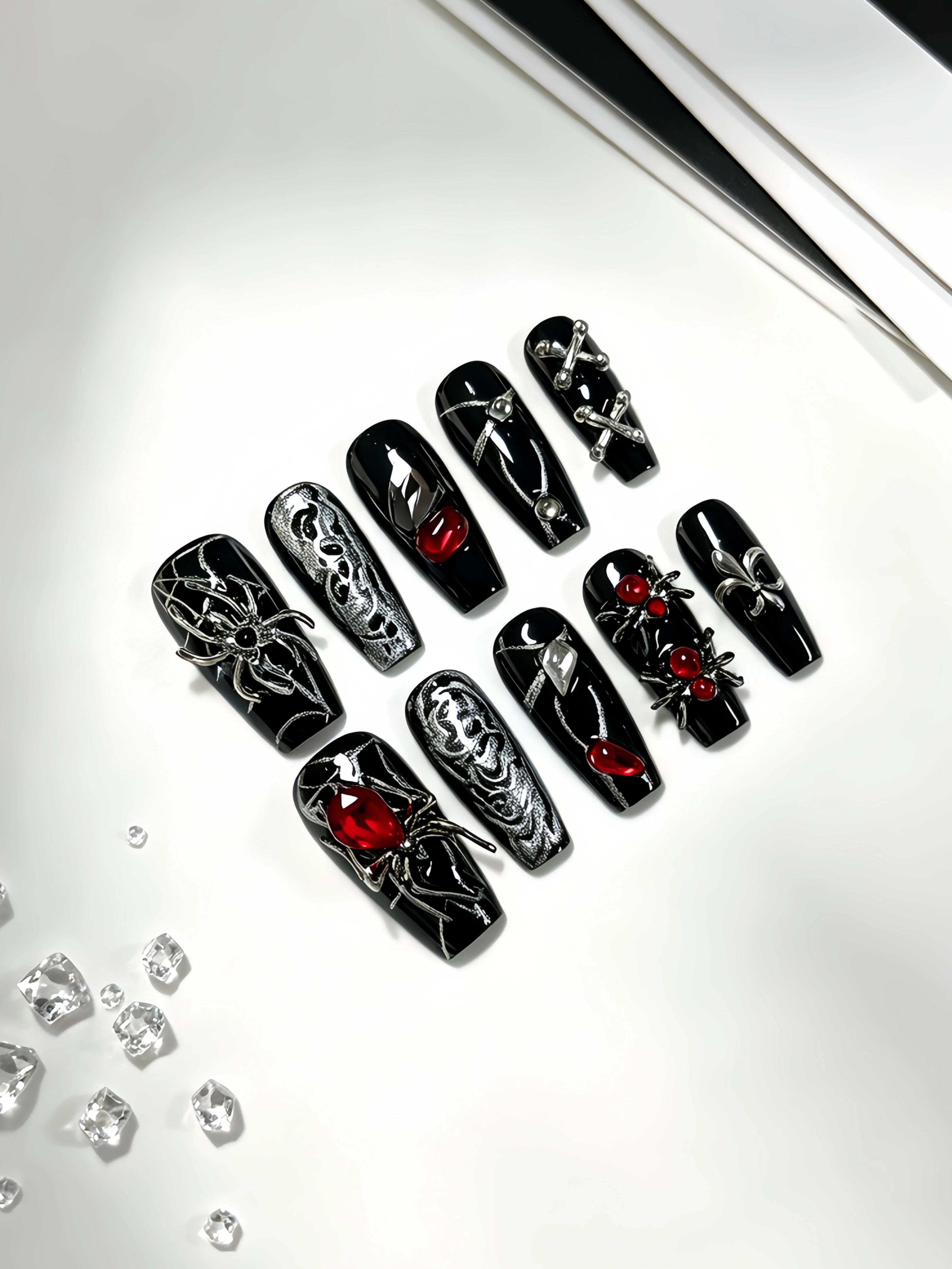 10 Pieces of Medium-Length Trapezoidal Nails, Punk Style Nails for Mature and Trendy Women, Spider Web Design with Large Wine Red Rhinestones, Halloween Party Style, Gothic Nail Art view 3