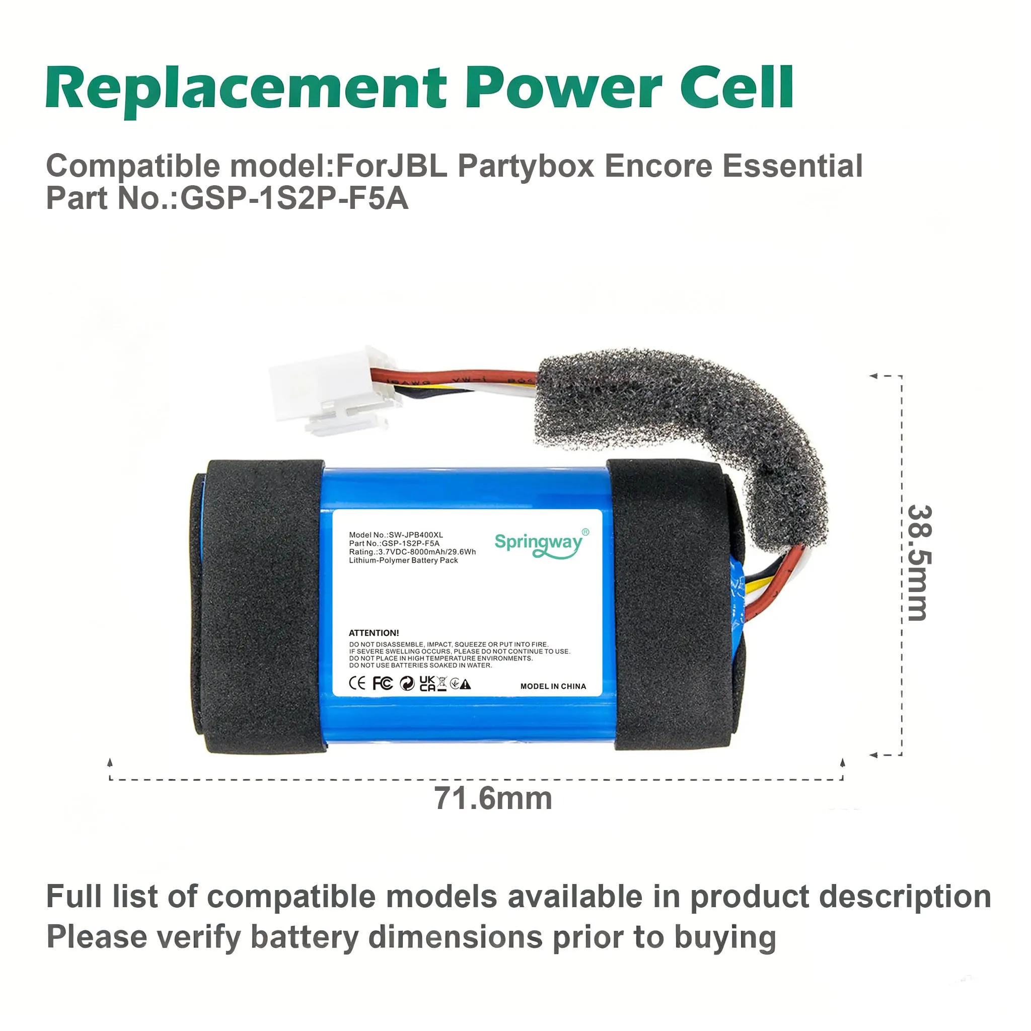 High Capacity 8000mAh Rechargeable Lithium Battery for JBL Partybox Encore Essential Speaker Replacement Battery with Connector