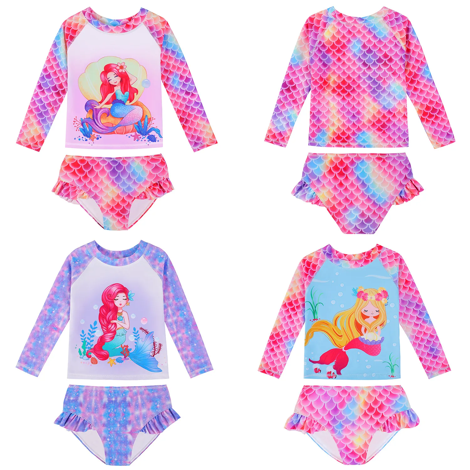 2-Piece Set Toddler Girls Summer Mermaid Scale Print Striped Bathing Suit Long Sleeve Children Swimwear Ruffled Bikini Bottoms