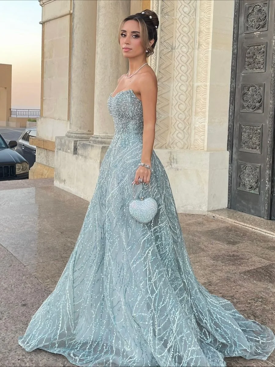 Luxe avondjurken Dubai Strapless Vintage Blauw Kant Formele gelegenheden Galajurken فستان Mohamed soi soi