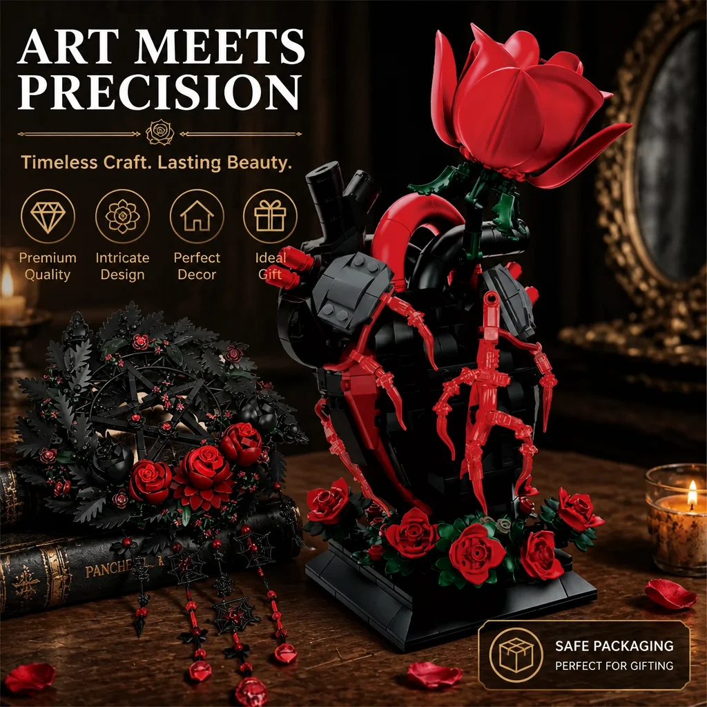 Gotisches Anatomisches Herz-Rosen-Baustein-Set, Dark Academia Schreibtisch-Dekoration, Konstruktions-Bausteine-Modellbausatz, DIY-Montage-Spielzeug