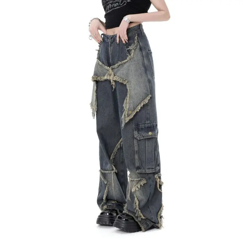 Gidyq Vintage Women High Waist Jeans Streetwear Ripped Female Wide Leg Pant American Style Casual Tassel Straight Denim Trousers