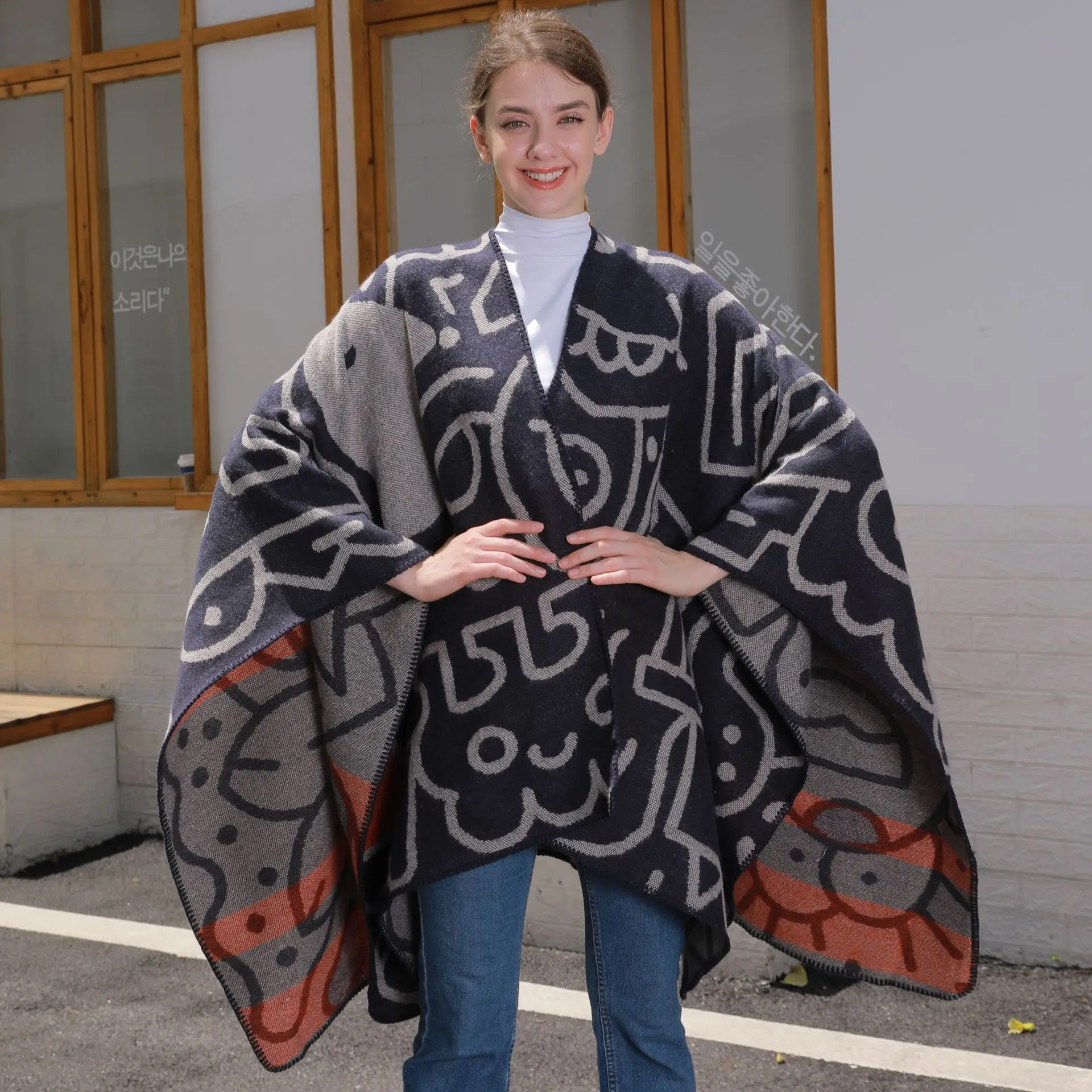 

7 Colors Female Long Poncho Shawl Capes Printed Cartoon Pattern Loose Cloak Blanket Women Autumn Faux Cashmere Outerwear Mantle