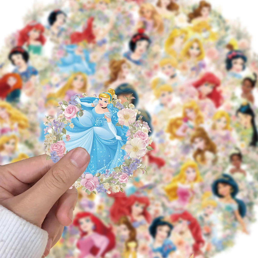 50pcs Cute Disney Princess Flowers Aesthetic Stickers Rapunzel Snow White Ariel Cartoon Sticker Luggage Phone Transparent Decals