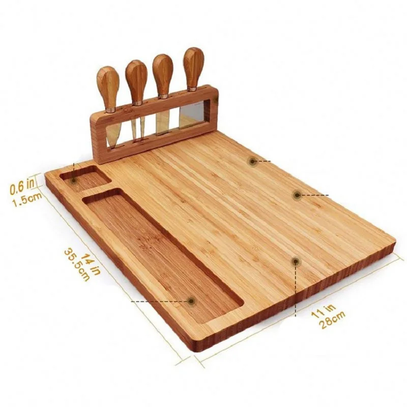 Bamboo Cheese Board Kitchen Bamboo Chopping Bread Cutting Holder 4-Piece Cheese Platter Serving Tray Knife Set Cooking Tools