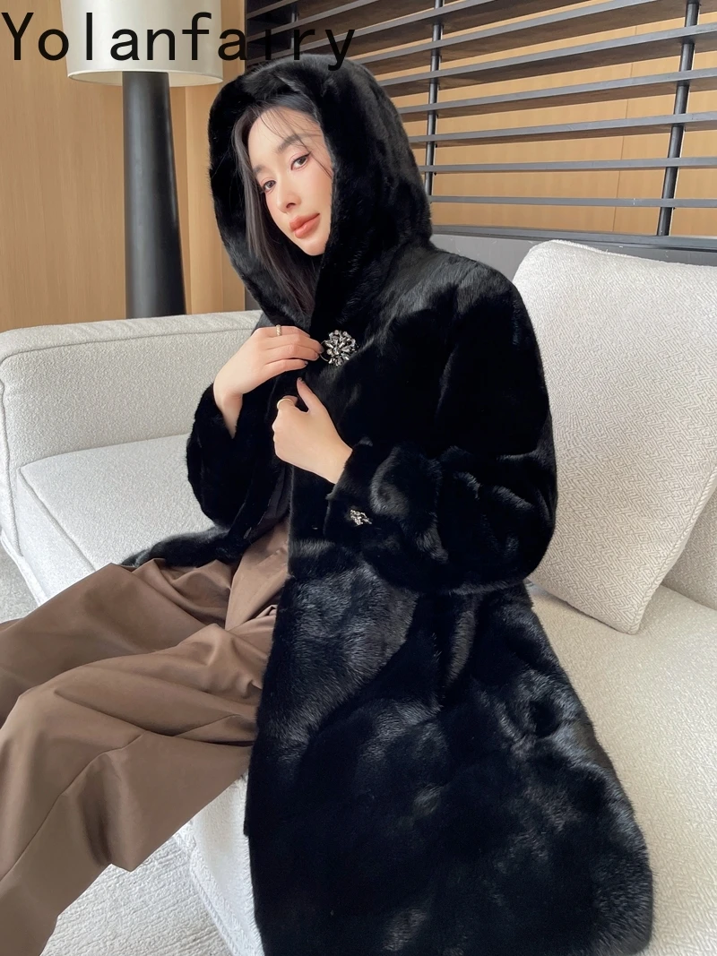YOLANFAIRY haute qualité manteau de fourrure de vison avec capuche hiver mi-longue femmes veste de fourrure noire élégant réel manteaux de fourrure femme Abrigos