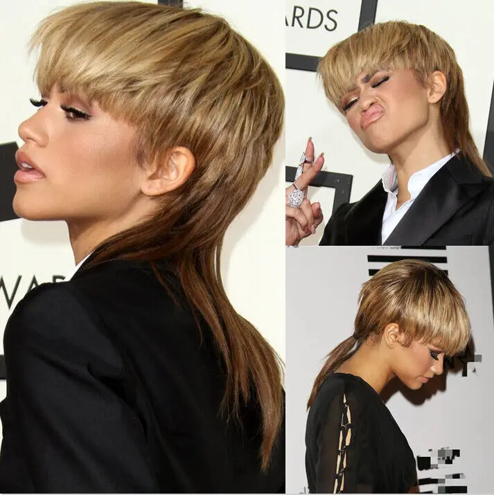 Short Brown Blonde Mixed  Shaggy Layered Mullet Pixie Cut Wig With Bangs