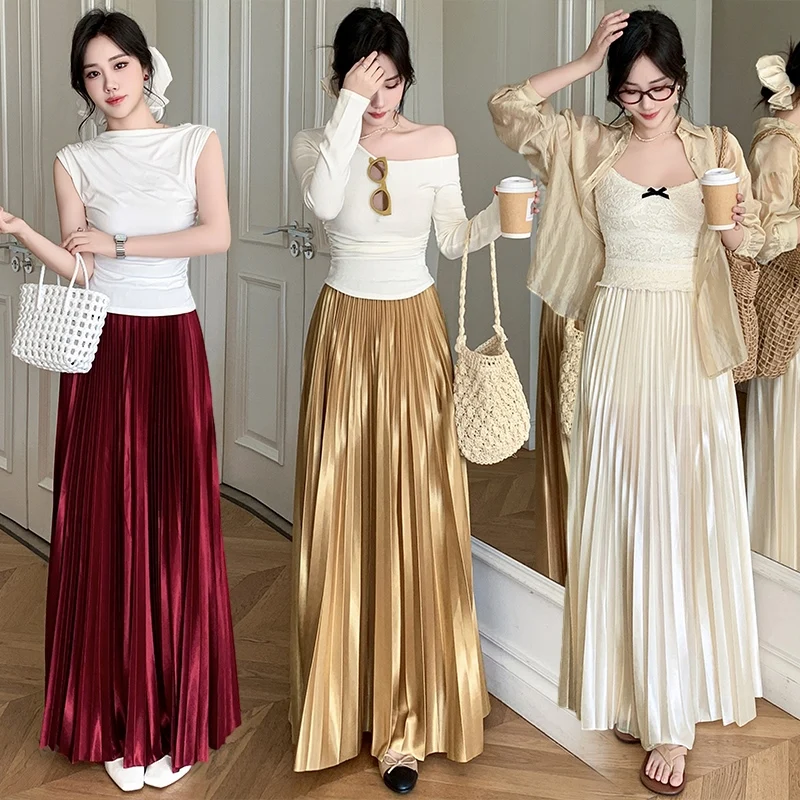 Saia longa plissada de cetim de seda brilhante moda feminina cor sólida cintura elástica a linha festa dança até o chão saia primavera verão