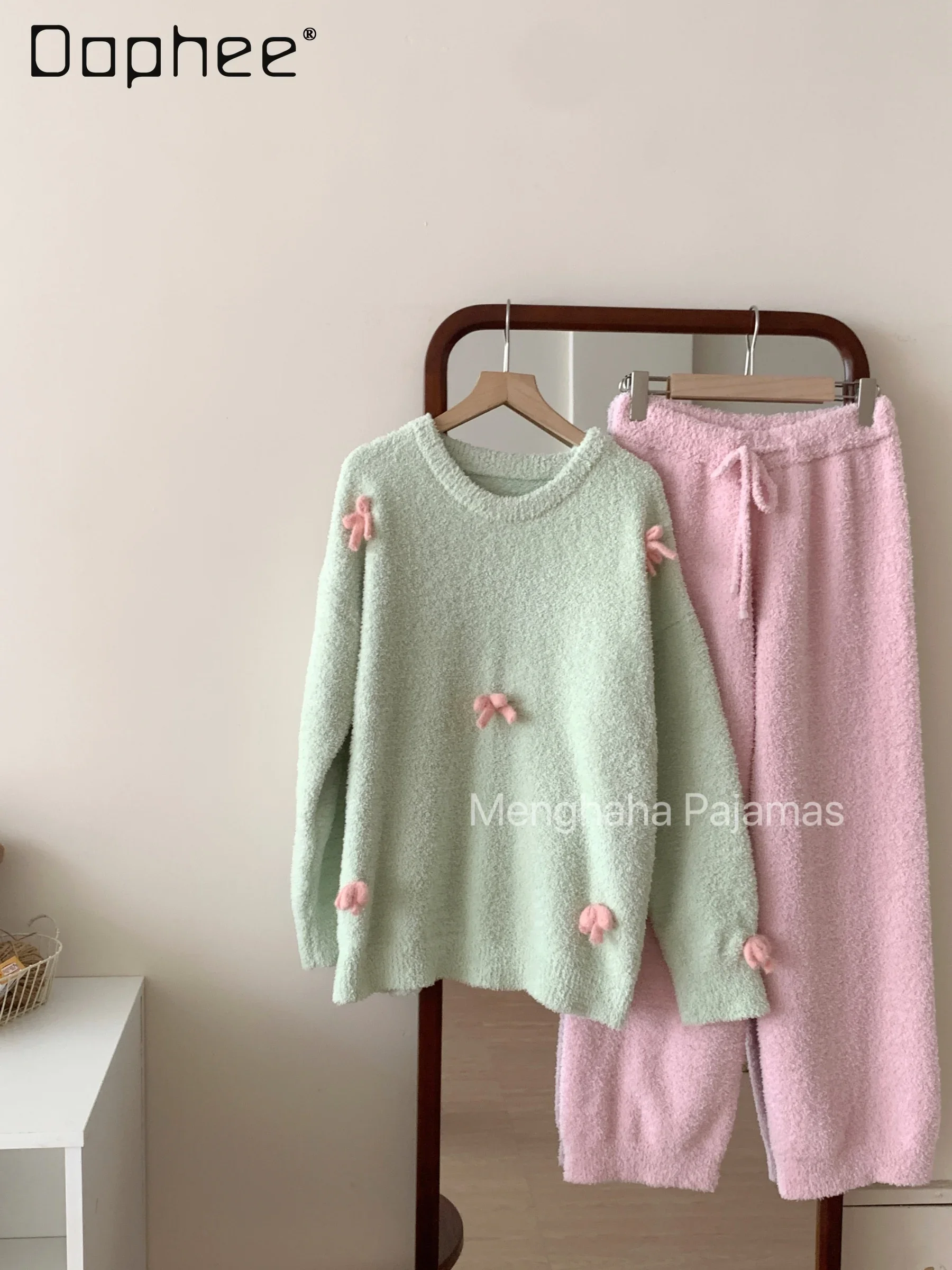 Candy Color Soft Pajamas Women Autumn and Winter Thickened Sweet Bow Coral Fleece Long Sleeve O Neck Home Clothing 2pcs