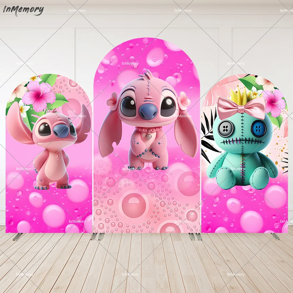 Cartoon Lilo&Stitch Theme Party Arch Cover Backdrop Kids Birthday Party Photo Decoration Photography Pink Bubble Wall Background