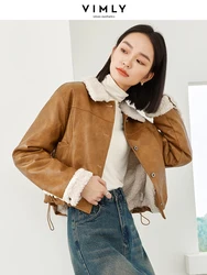 Vimly Women's Faux Leather Motorcycle Jacket Lapel Long Sleeve Cropped Jackets 2023 Winter Thick Warm New in Outerwears 16337