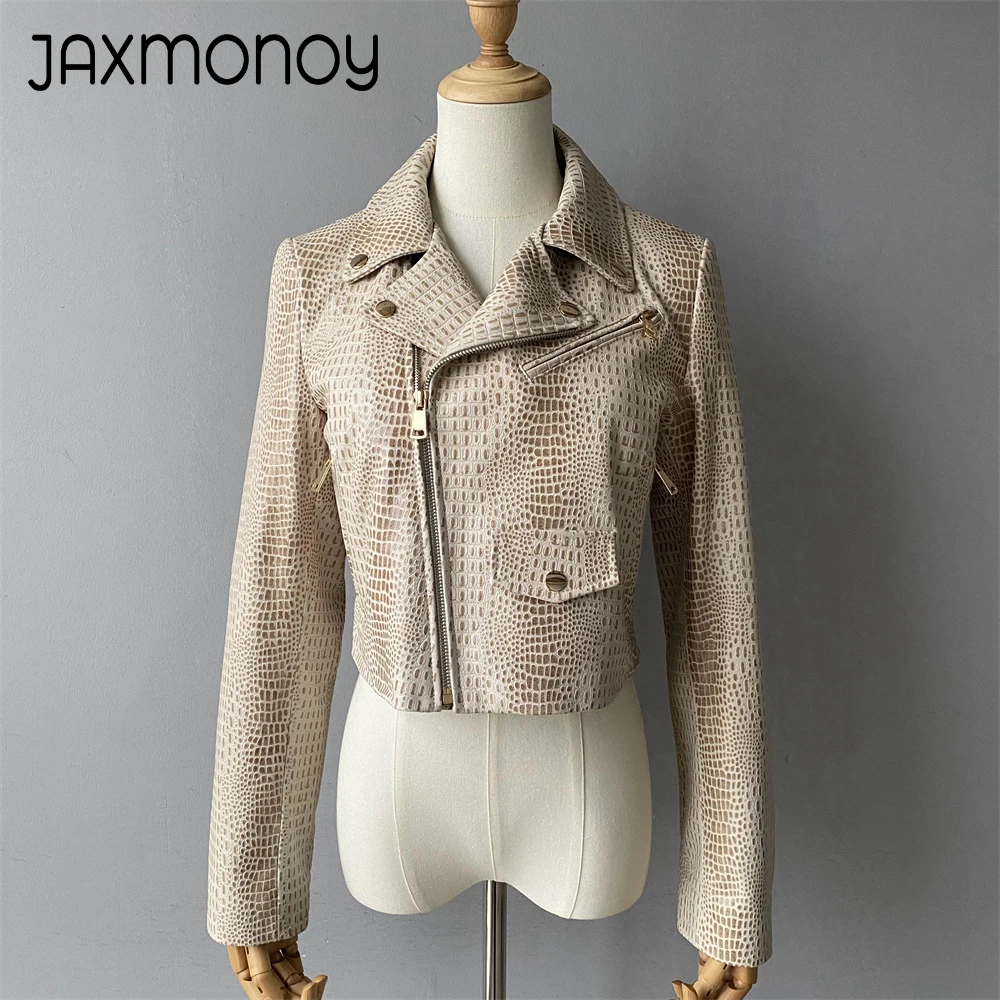 Jaxmonoy-Jaqueta de pele de carneiro real para mulheres, estilo curto, motoqueiro, zíper, moda feminina, casaco cortado, outono, primavera