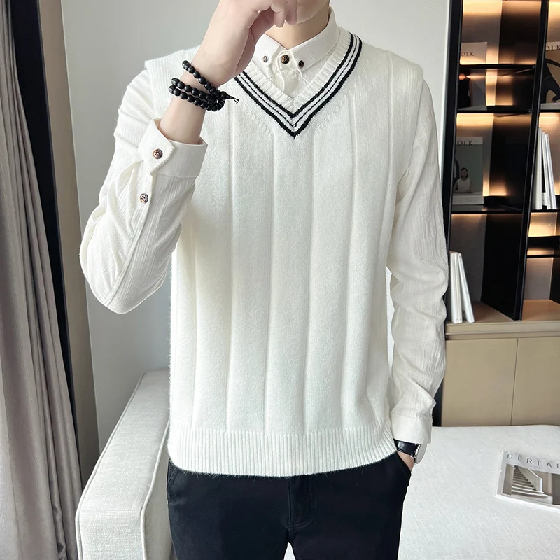 

2023 Spring New Boutique V-neck Color Matching Fashion Korean Fashion Trend British Style Sleeveless Knit Slim Men's Casual Vest