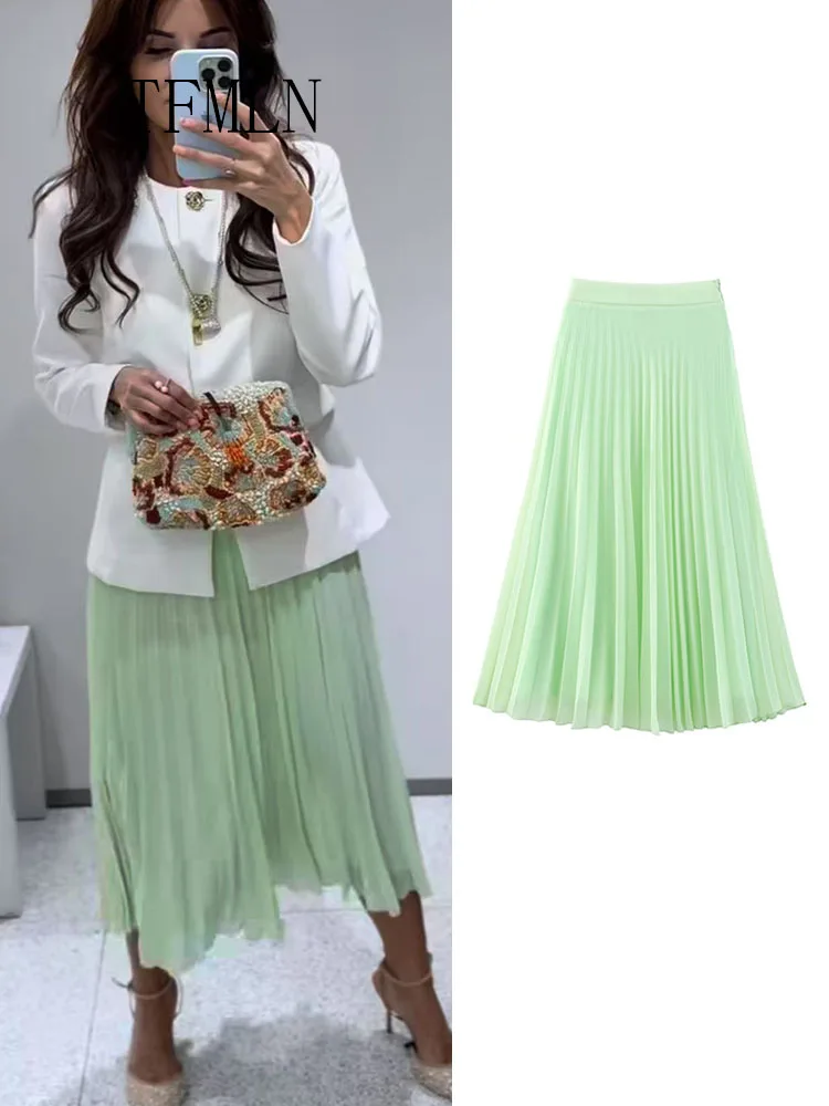 

TFMLN 2025 Summer Women Green Pleated Skirts Fashion Ladies Chic Causal Side Zipper A-line Skirts High Street Sweet Girls Skirts