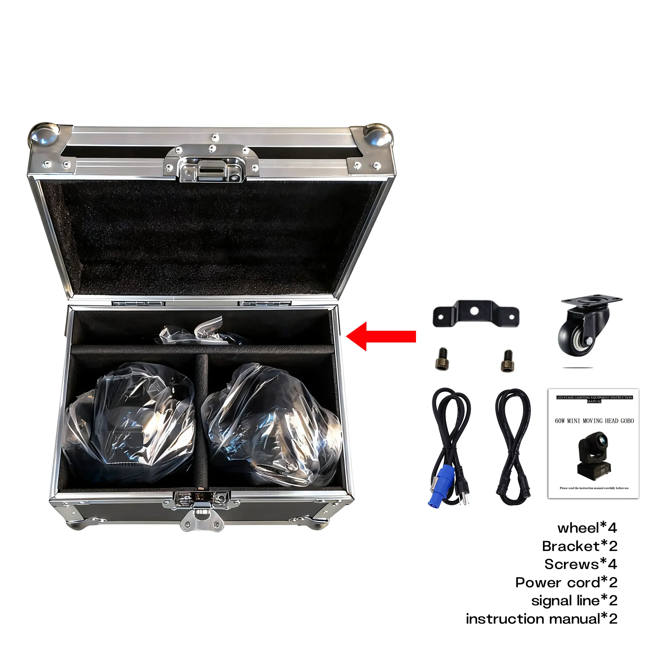

42*30*37cm Moving Head Case Aluminum Alloy Flycase Flightcase Shockproof With Wheel And 2 Sets Of 60W Projector Stage Lights