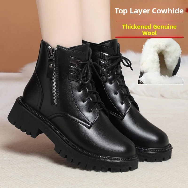 

Warm Fce Lined Briti Sle Winter Boots Women's mid Heel ort Boot Wool Cotton Leather oes Motorcycle Boots