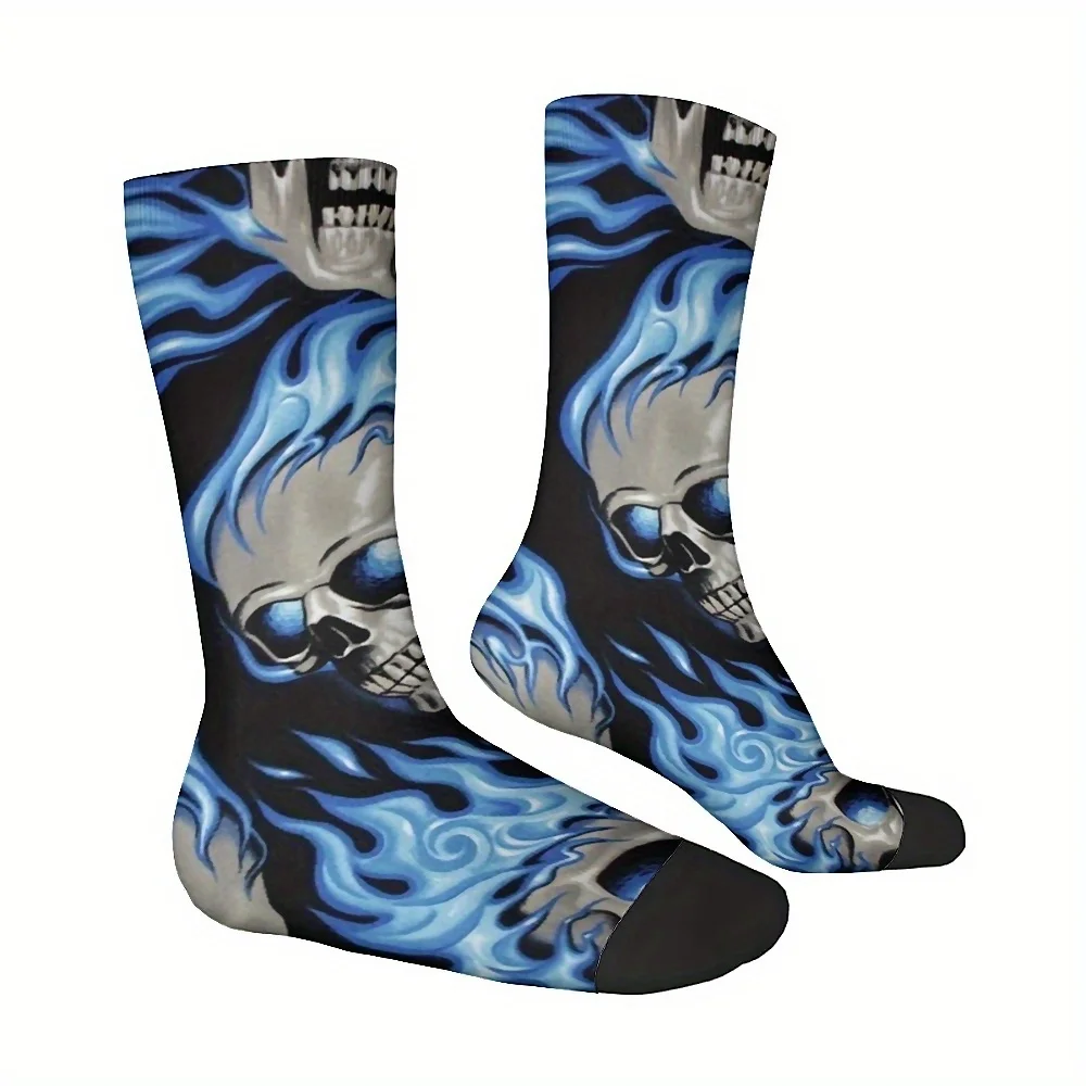 Blue Flame Skull Print Crew-Length Hosiery for Men and Women, Knit Polyester Fabric with Spandex, Machine Washable,