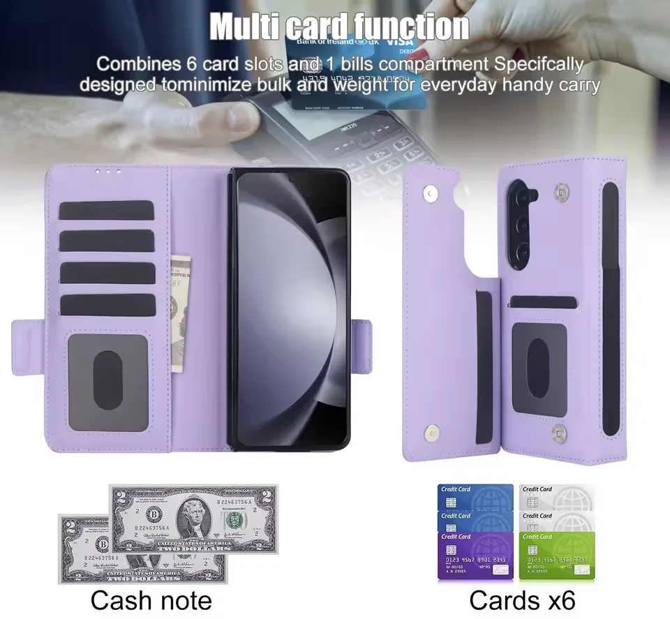 Folding Card Bag Leather Stand Case for Samsung Galaxy Z Fold 3 4 5 6 5G ZFold6 with S Pen Slot Wallet Fold5 Fold4 Fashion Cover