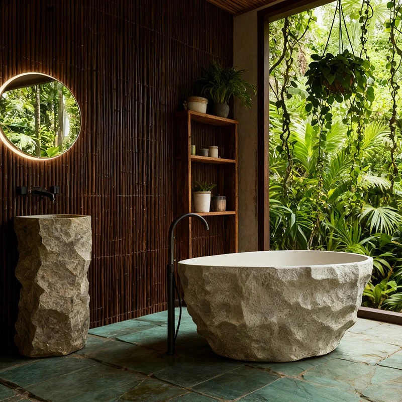 

Villa luxury special round travertine bathtub Freestanding molded bathtub