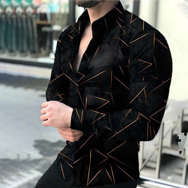 Men's casual versatile fashion street men's shirt lapel single-breasted long-sleeved men's geometric simple long-sleeved shirt