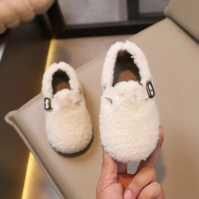 Winter Children Flat Shoes Fluffy Buckle Round Toe Leisure Kids Loafers Warm Hook-loop 21-30 Chic Three Colors Boys Girls Shoe