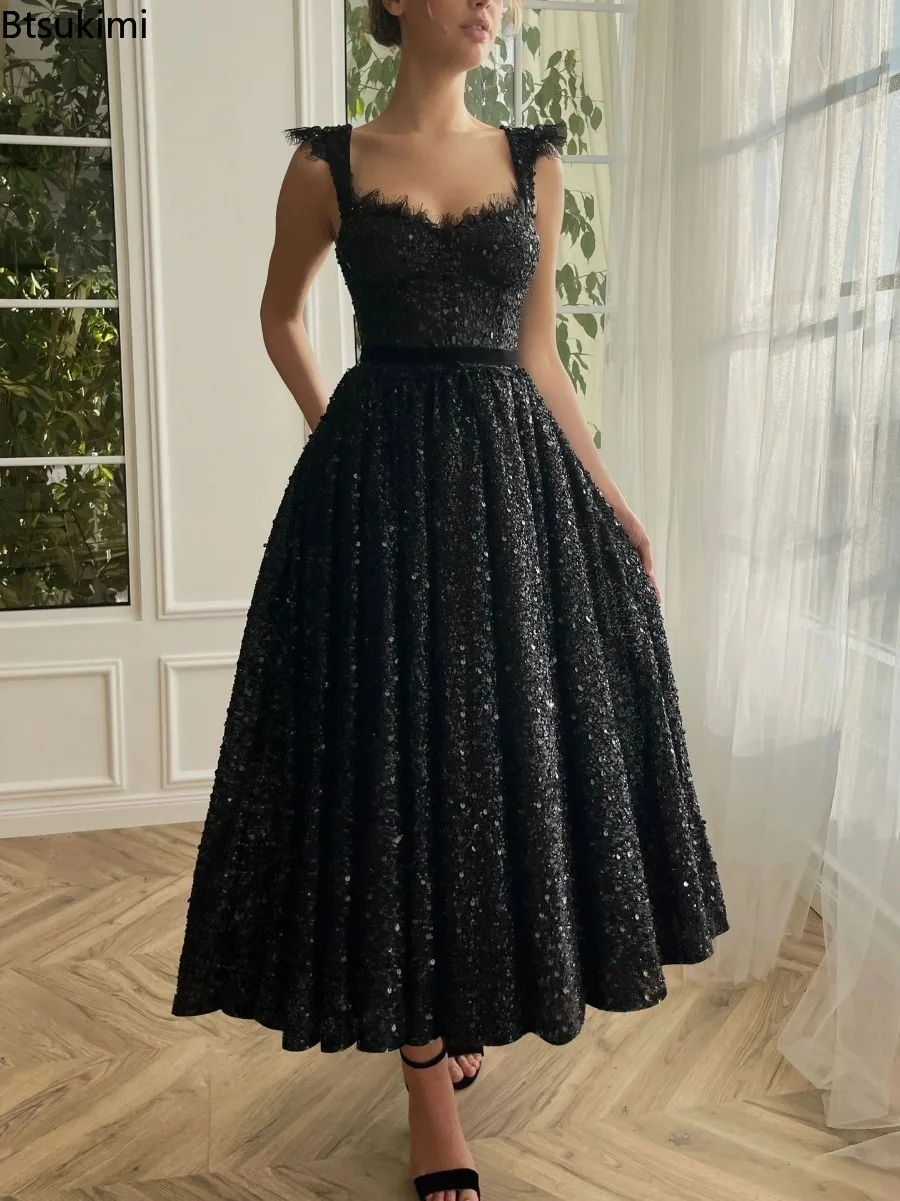 

2024 Women's Sexy V-neck Formal Party Prom Dress Open Back Sequins Wedding Party Dress Lace Bridesmaid Black Graduation Dress