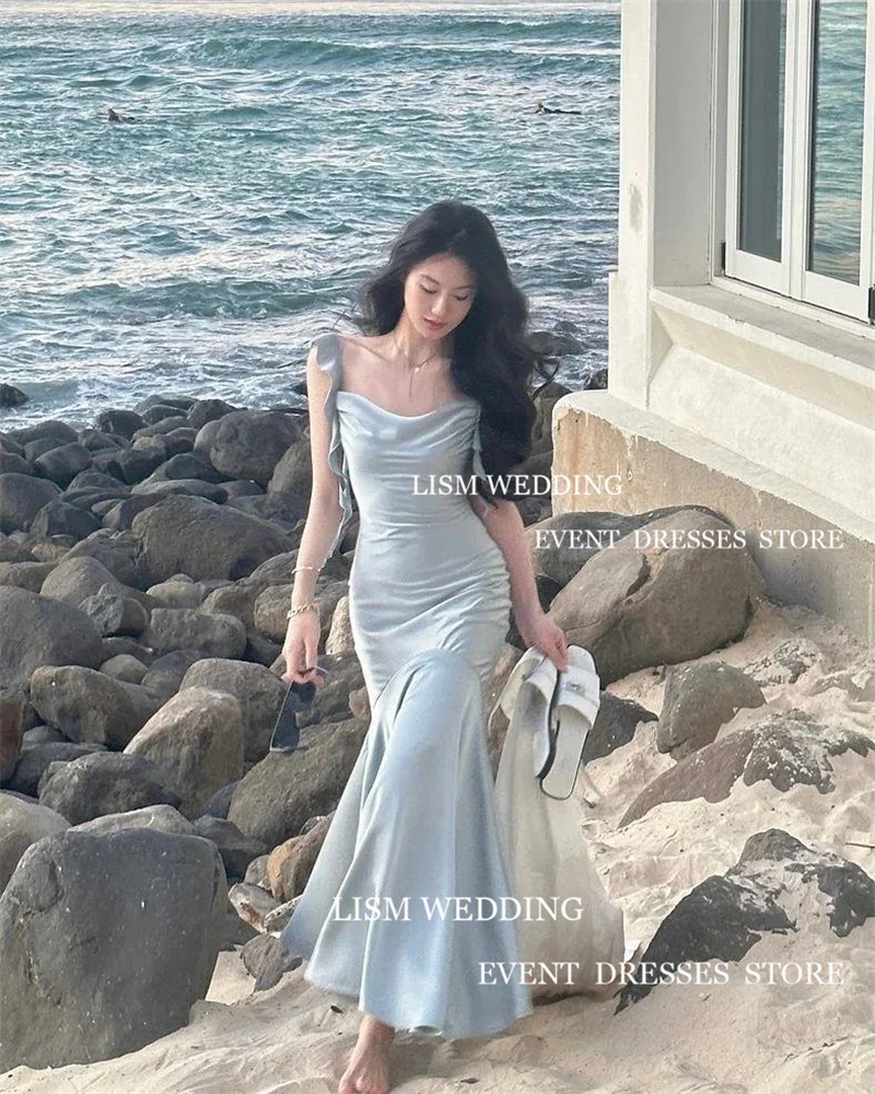 LISM Simple Silk Soft Satin Square Neck Korea Women Evening Dress Ruffled Camisole Mermaid Ankle Length Photo Shoot