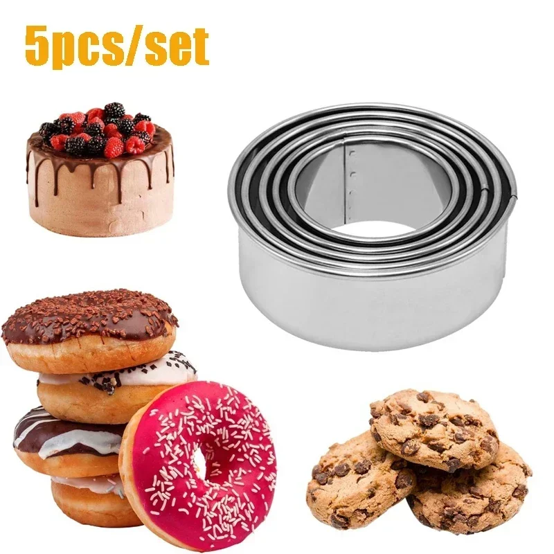 5 Pcs/Set Stainless Steel Round Cookie Cutter Set Biscuit Plain Edge Round Pastry Doughnut Cutters Molds Kitchen Baking Tools