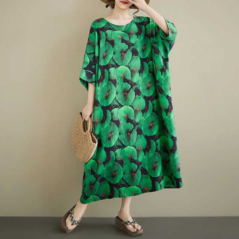 

Summer n Loose Fit Svel round Ne Floral Print Dr Women's plus Size Vintage Mom Clothes een Color Ciwalk