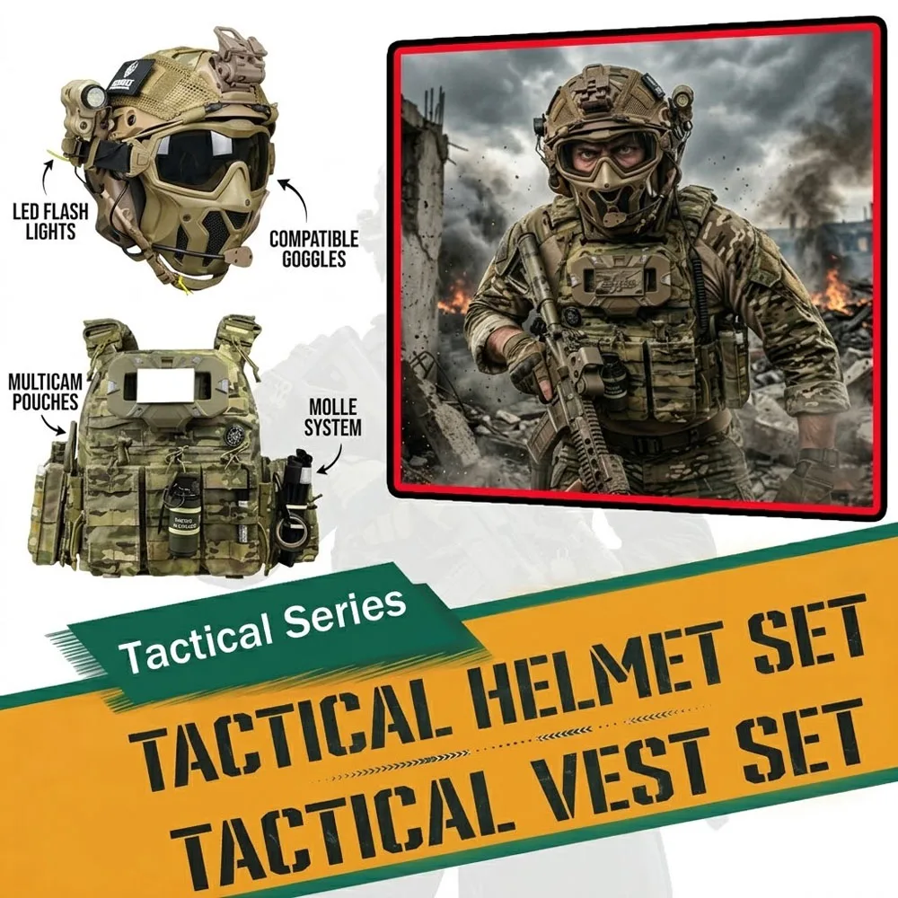 

Tactical Vest FAST Helmet Set Quick Release Military Body Armor, Helmet with Anti fog Fan Full Face Mask for CS Wargame Gear