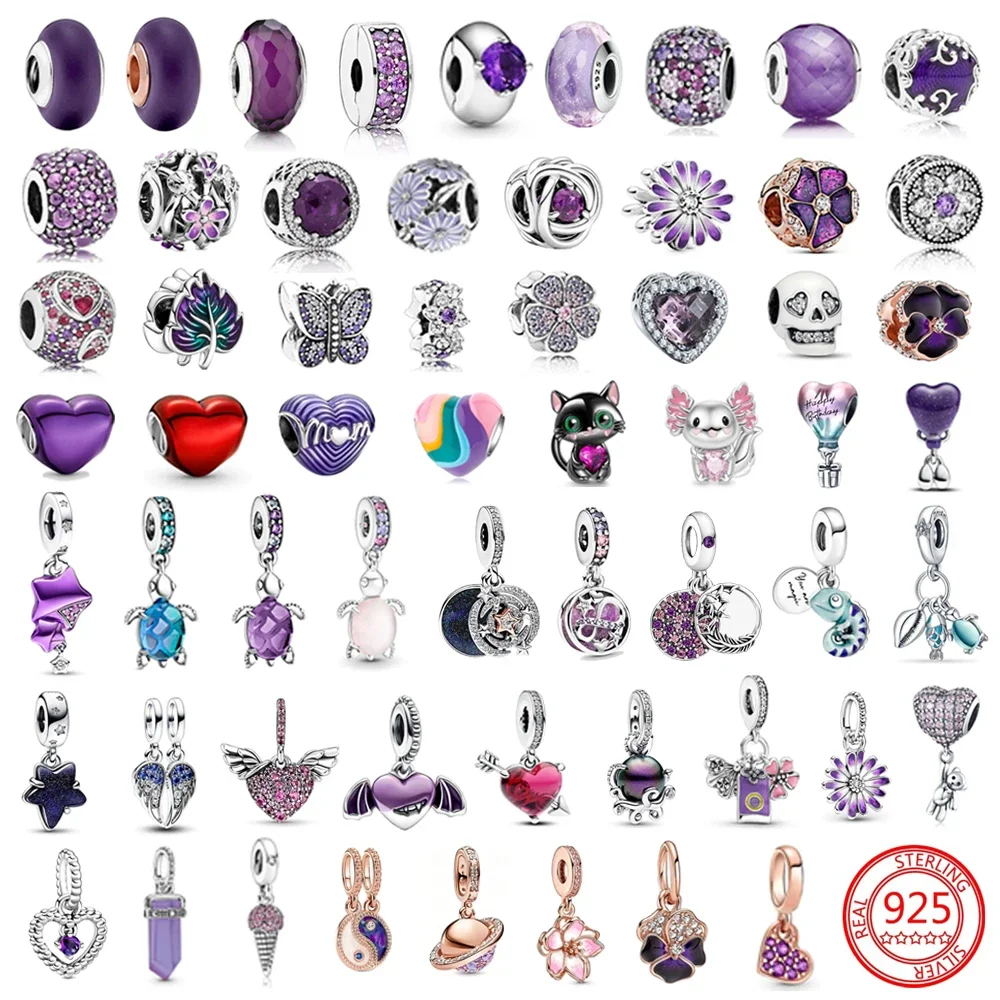 

New 925 Sterling Silver Purple Murano Bead Pansy Flower Dangle Charm Fit Original Pandora Necklace Jewelry Mother's Day Gift