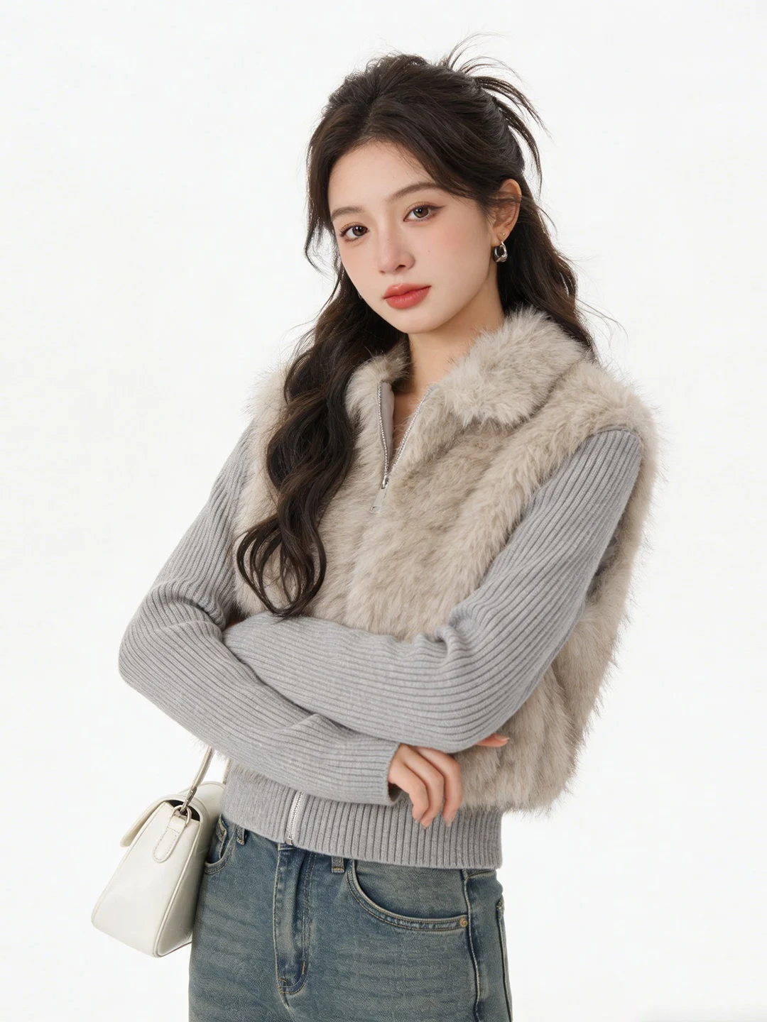 

Korean Sle ort Knitted Splice Fake Two-Piece Fur Jaet Warmth And Slimming Collar Eco-Friendly Faion Ladies' Coat