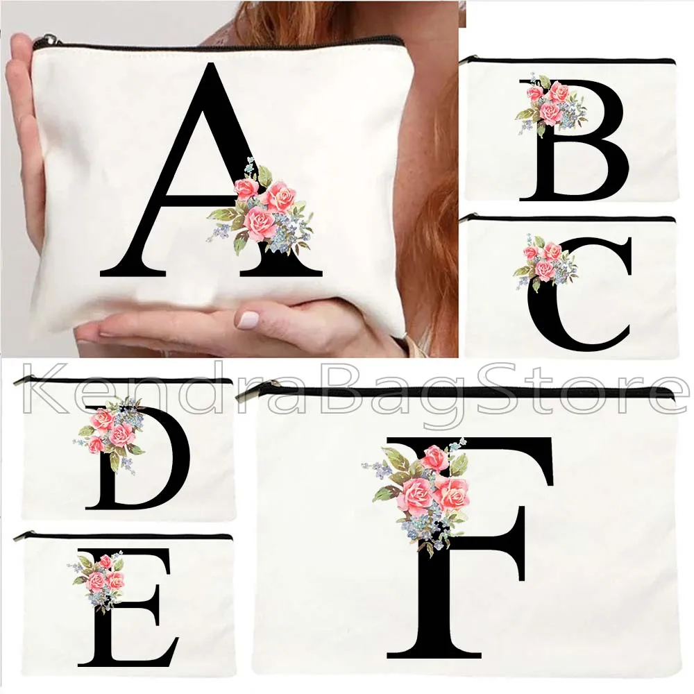 Botanical Monogram Floral Pink Rose Flowers Initial Letter English Alphabet Gifts Canvas Cosmetic Makeup Travel Bag Case Pouch