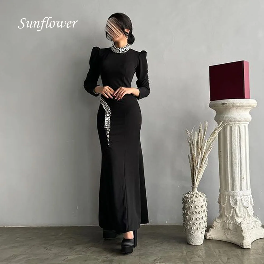 

Sunflower Black High Neck Beading Crepe Mermaid Formal Evening Dress Slim Long Sleeves Floor-Length Prom Dress فساتين السهرة