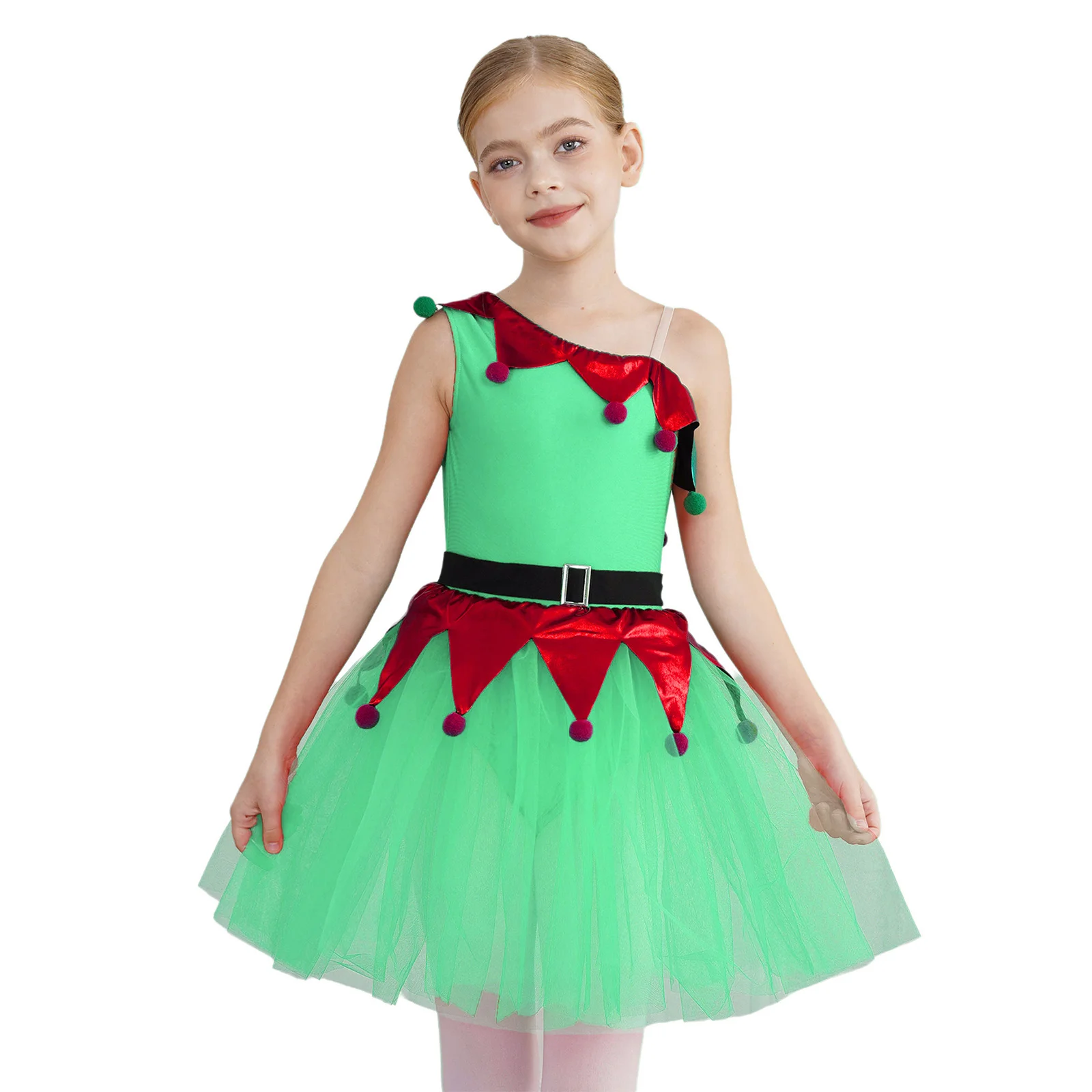 Kids Girls Christmas Party Dance Performance Tutu Dress Ballerina Costume Asymmetrical Cute Pom Poms Leotard Jumpsuit with Belt