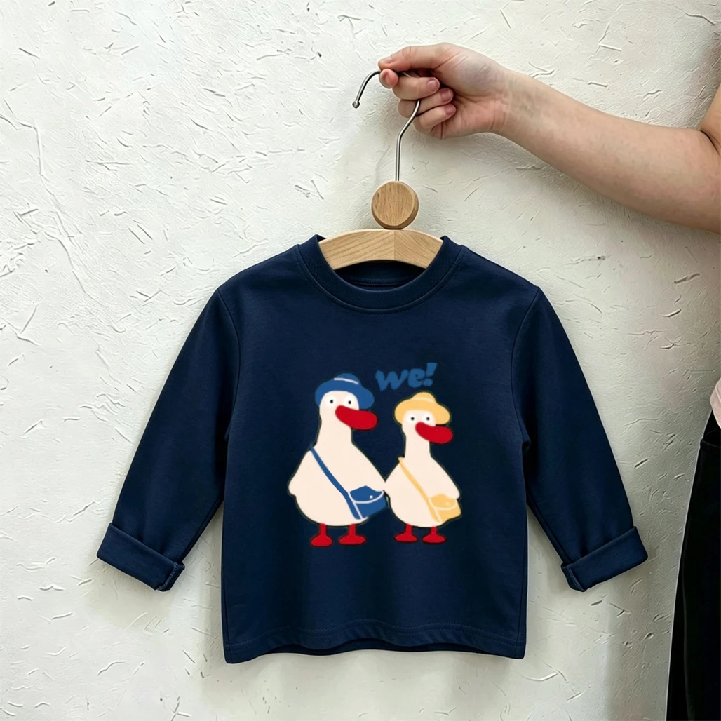 White Navy Tshirts Cartoon Duck And Dog Print Long Sleeve For Boys And Girls Solid Color Tees Baby Round Neck Bottoming Shirt