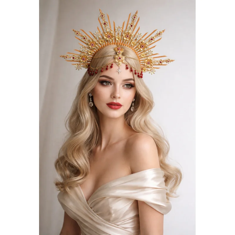 Gold Sunburst Crown Vintage Baroque Headpiece Red Crystal Halo Tiara Elegant Bridal Wedding Hair Accessory