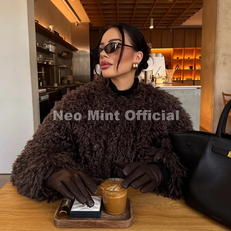 Neo Mint Winter 2026 Hot Chocolate Fluffy Chunky Sheep Fur Coat Women Oversized Overcoat Outerwear Ins Street Fashion Fur Jacket