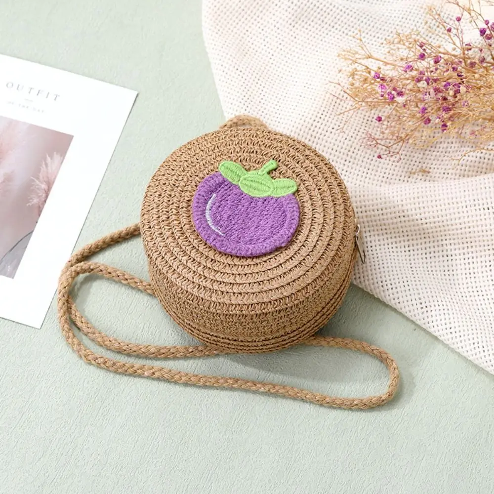 

Cute Straw Crossbody Bag Eggplant Small Coin Purse Shoulder Bag Girls Kids