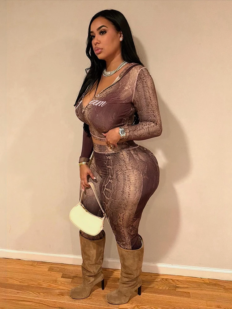 Sisterlinda Letter Tracksuit 2-Piece Set Women Snake Print Patchwork Zip Jacket+Pants Matching Casual Stretch Streetwear Outfits