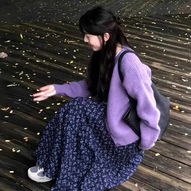 Długa spódnica damska w stylu koreańskim, jesienno-zimowa, vintage, w kwiaty, z wysokim stanem, codzienna i w stylu lazy, nowa spódnica damska typu cake.