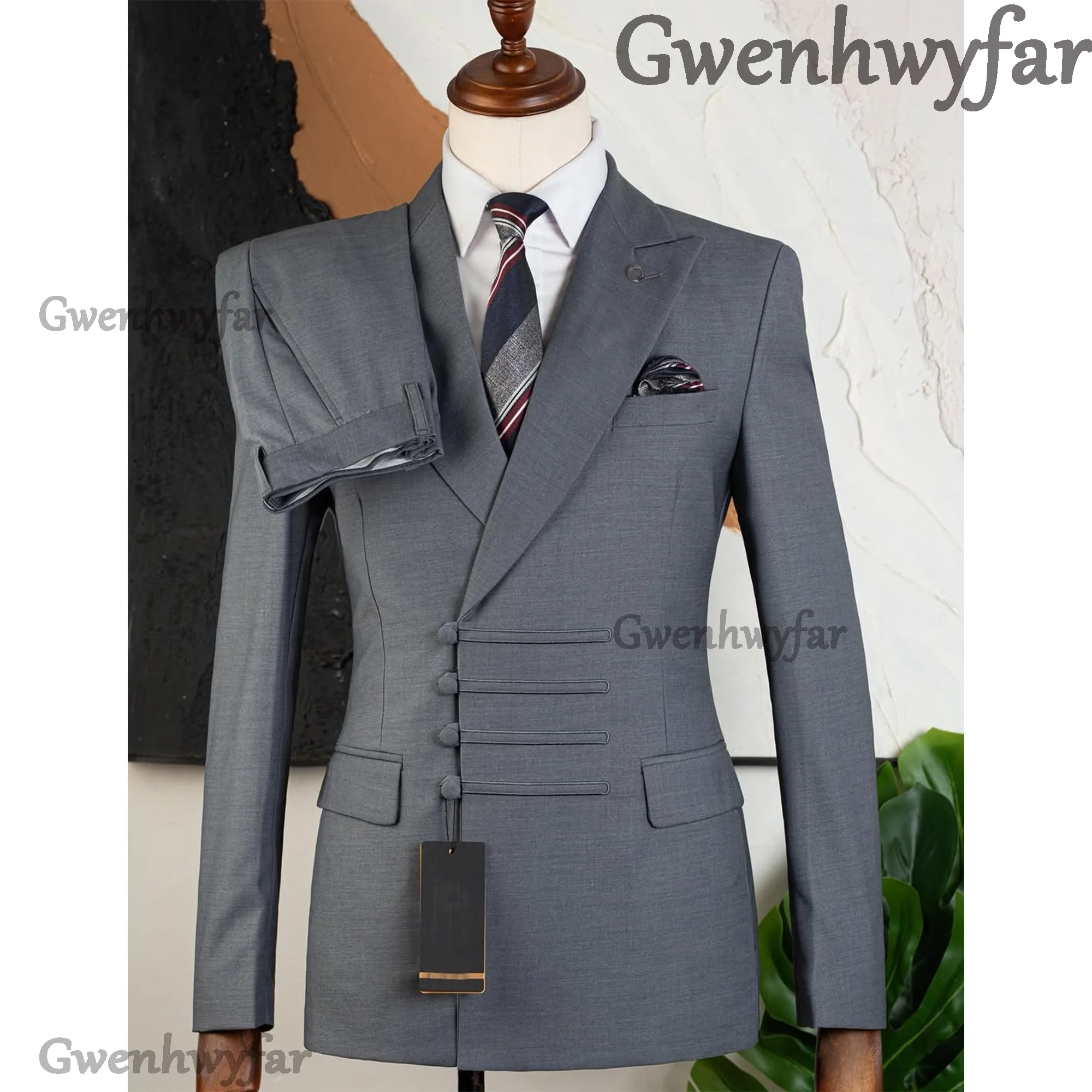 

Gwenhwyfar Gray Men's Suit Double Breasted 2-Pieces Peaked Laple Luxury High-Quality Male Clothing Sport Coats Slit Slim Fit