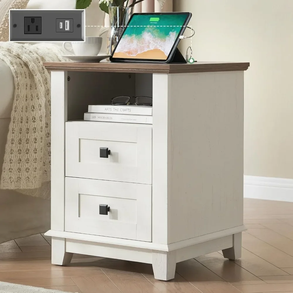 

18" Farmhouse End Table, Nightstand with Charging Station, with 2 Storage Drawers, Bedside Table with USB Ports, Rustic White