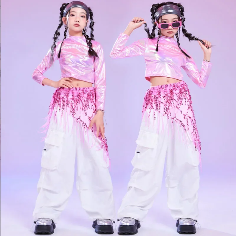 

Girls K-pop Shiny Crop Top Cuff Hip Hop Cargo Pants Clothes Set Children Street Dance Costume Kid Ballroom Streetwear Streetwear